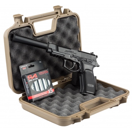 Pack airsoft Bersa Thunder 9 CO2 + mallette + 5 cartouches de CO2 + silencieux